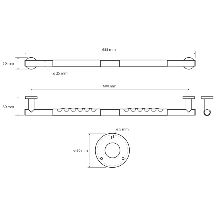 Rysunek techniczny - Solidny uchwyt z powłoką antypoślizgową 600mm, stal nierdzewna polerowana