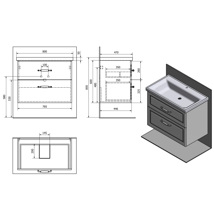 Rysunek techniczny - FAVOLO szafka umywalkowa 76,5x60x44,6cm, biały mat