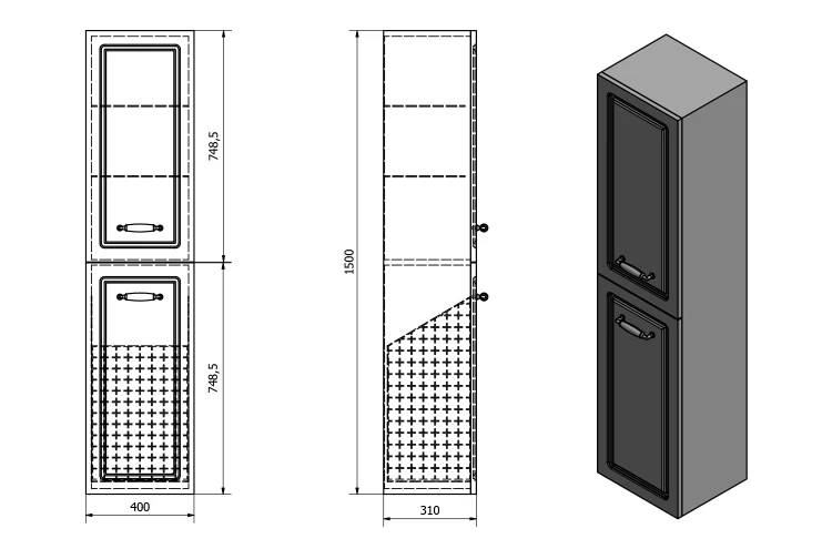 Rysunek techniczny - FAVOLO szafka wysoka z koszem na bieliznę 40x150x31cm, biały mat