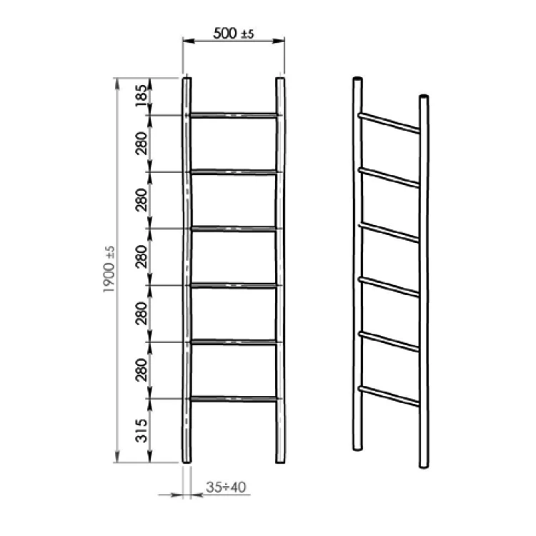 Rysunek techniczny - BAMBUS drabinka-wieszak na ręczniki 500x1900x40mm, bambus