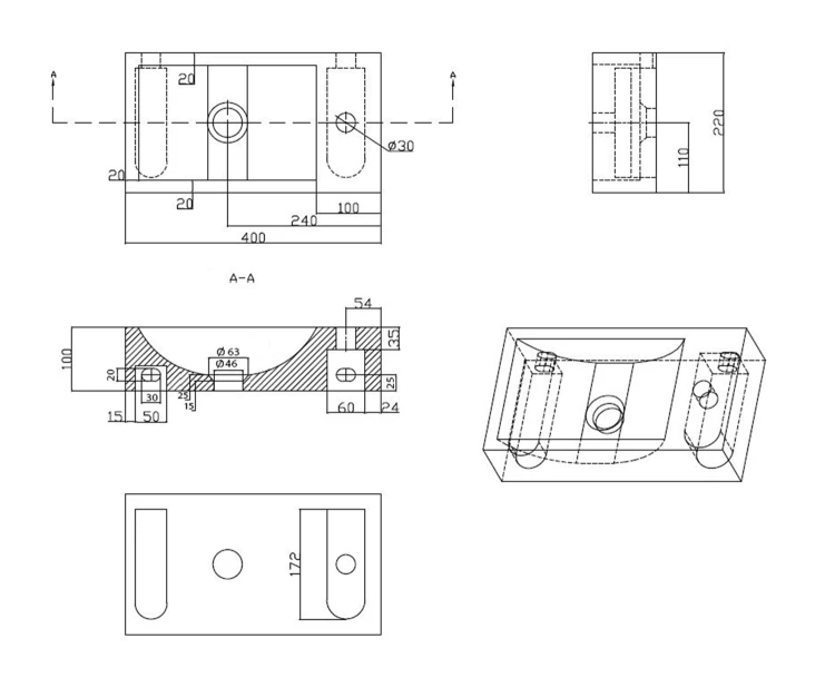 Rysunek techniczny - BLOK umywalka kamienna 40x22cm, bateria z prawej strony, antracyt