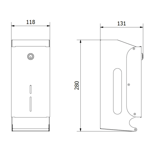 Rysunek techniczny - Zasobnik na 2 rolki papieru toaletowego 118x280x131mm, stal nierdzewna polerowana