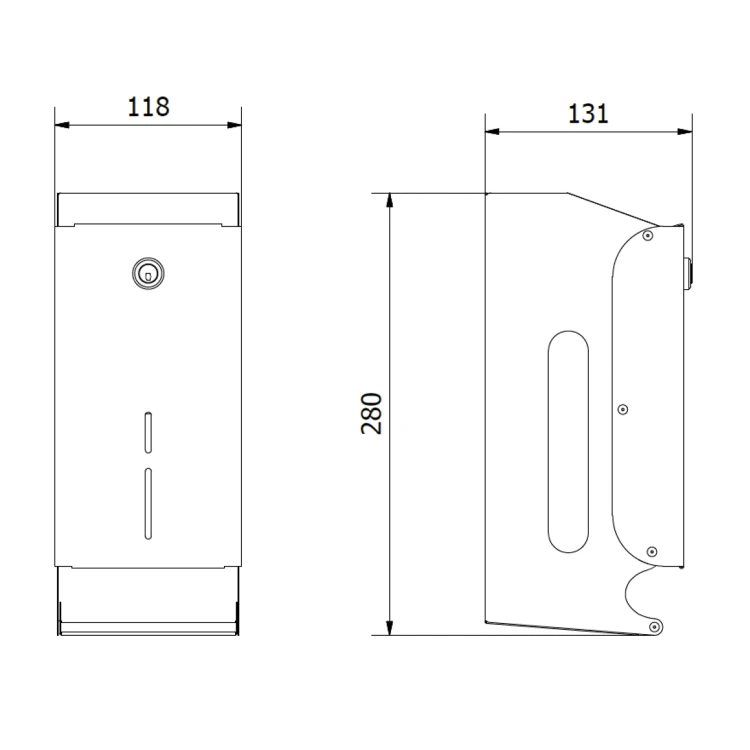 Rysunek techniczny - Zasobnik na 2 rolki papieru toaletowego 118x280x131mm, stal nierdzewna polerowana