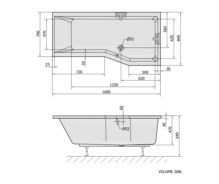 Rysunek techniczny - VERSYS R wanna asymetryczna 160x84x70x47cm, biały