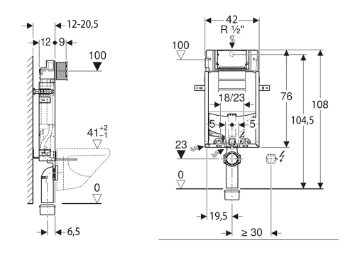 Rysunek techniczny - GEBERIT KOMBIFIX spłuczka podtynkowa Sigma 12cm, do usuwania zapachów