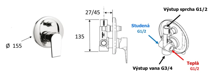 Rysunek techniczny - KAI bateria prysznicowa podtynkowa, 2 wyjścia, czarny mat