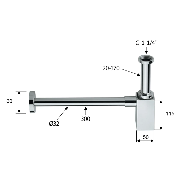 Rysunek techniczny - Syfon umywalkowy 5/4", odpływ 32mm, kwadratowy, czarny mat