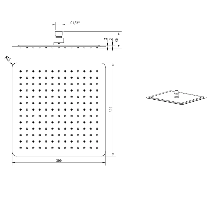 Rysunek techniczny - SLIM deszczownia, 300x300mm, czarny mat
