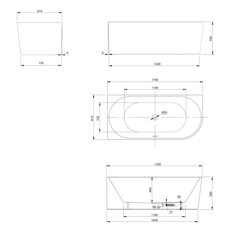 Rysunek techniczny - TIBERA L wanna przyścienna, narożna 170x80cm, biały