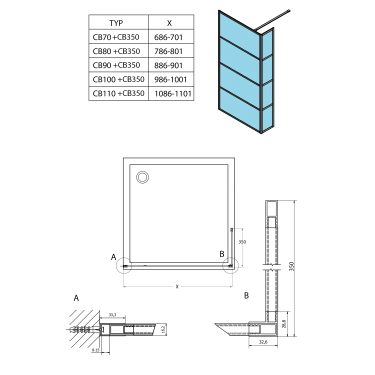Rysunek techniczny - CURE BLACK walk-in 900mm, szkło czyste