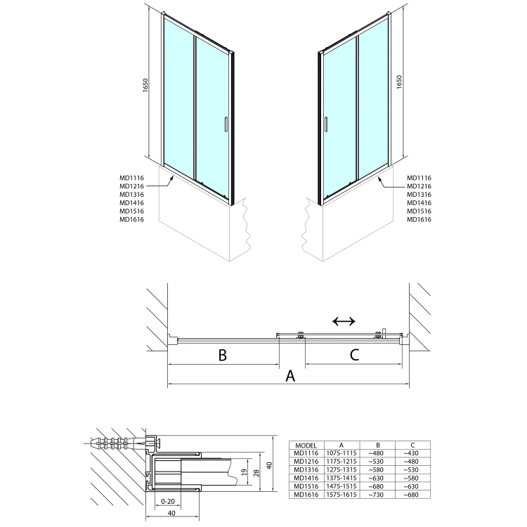 Rysunek techniczny - DEEP drzwi prysznicowe 1200x1650mm, szkło czyste