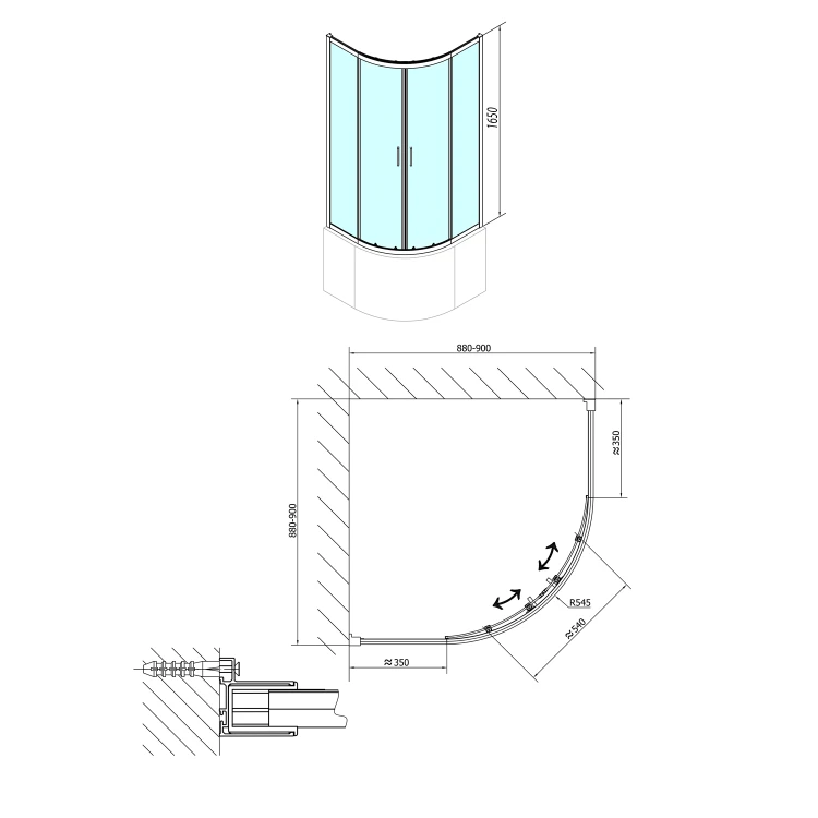 Rysunek techniczny - SELMA kabina prysznicowa półokrągła 900x900x1650mm, szkło czyste