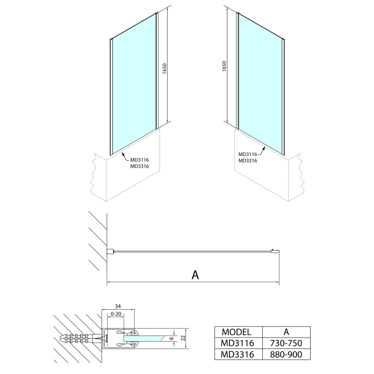 Rysunek techniczny - DEEP ścianka boczna 750x1650mm, szkło czyste