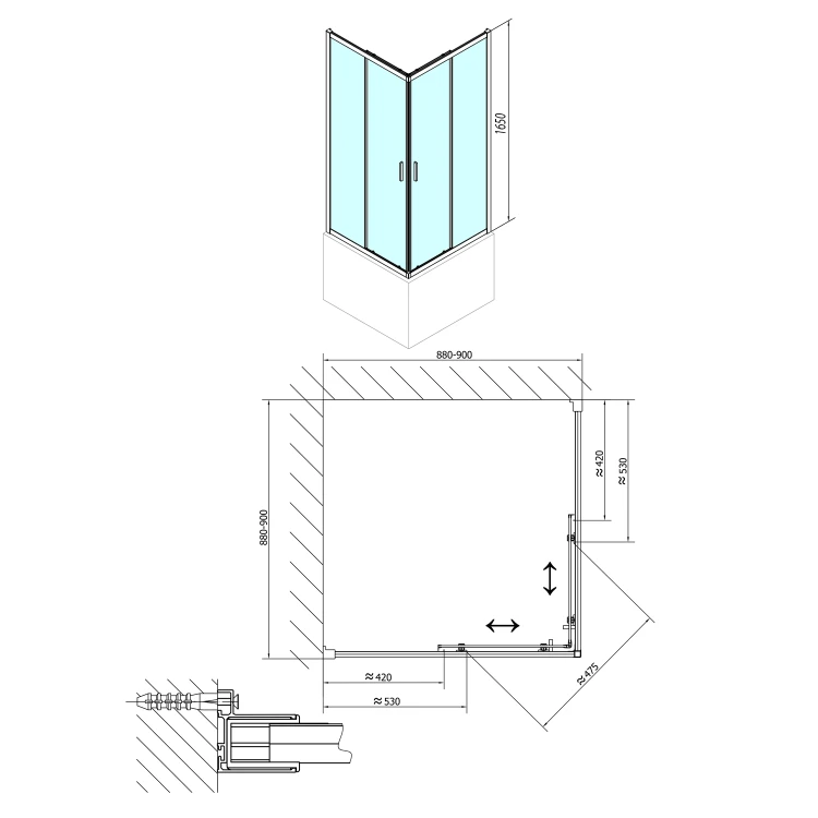 Rysunek techniczny - CARMEN kabina prysznicowa 900x900x1650mm, szkło czyste