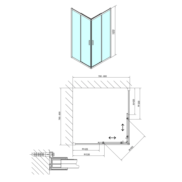 Rysunek techniczny - CARMEN kabina prysznicowa 800x800x1650mm, szkło czyste