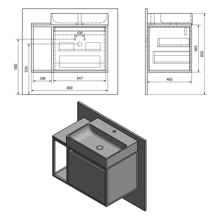 Rysunek techniczny - SKARA szafka pod umywalkę 80x49,5x46,5cm, czarny mat/dąb Collingwood