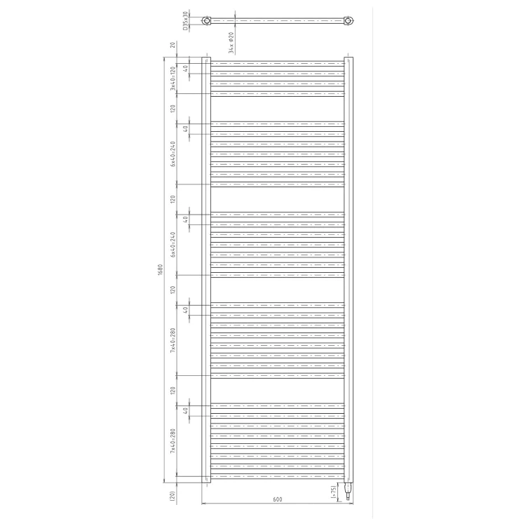 Rysunek techniczny - DIRECT-E grzejnik elektryczny 600x1680 mm, 800 W, biały