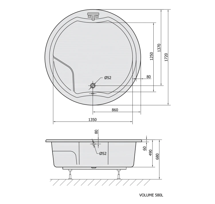 Rysunek techniczny - ROYAL ROUND wanna okrągła z konstrukcją 172xx172x49cm, biała
