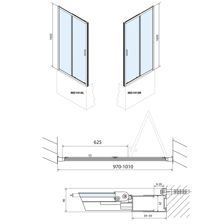 Rysunek techniczny - DEEP drzwi prysznicowe składane 1000x1650mm, szkło czyste