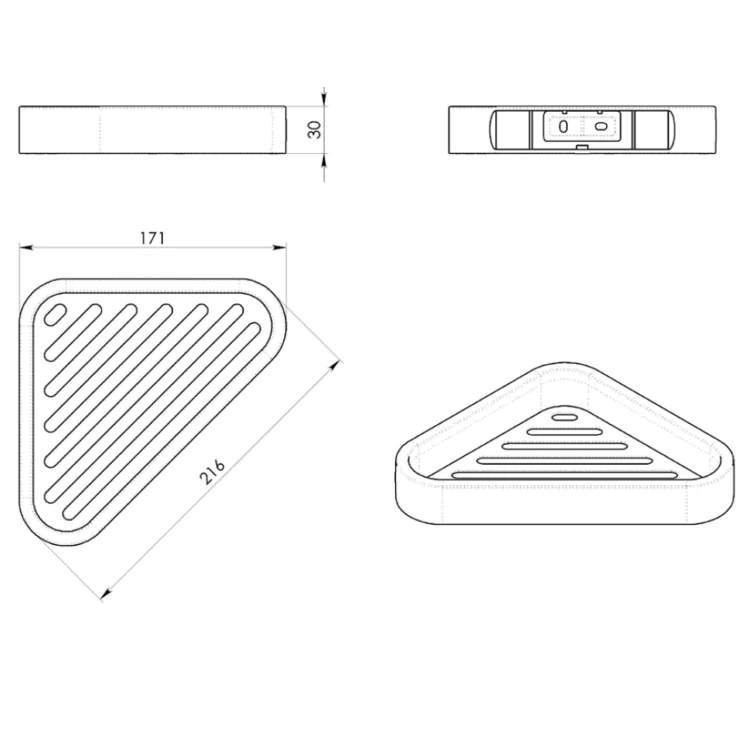Rysunek techniczny - OUTLINE półka narożna do kabiny prysznicowej, 170x30x170mm, czarny mat