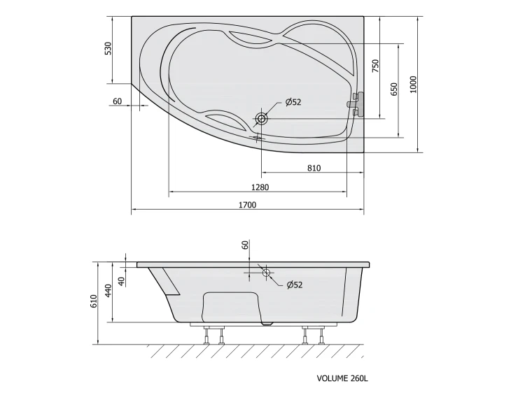 Rysunek techniczny - MAMBA R wanna asymetryczna 170x100x44cm, biały