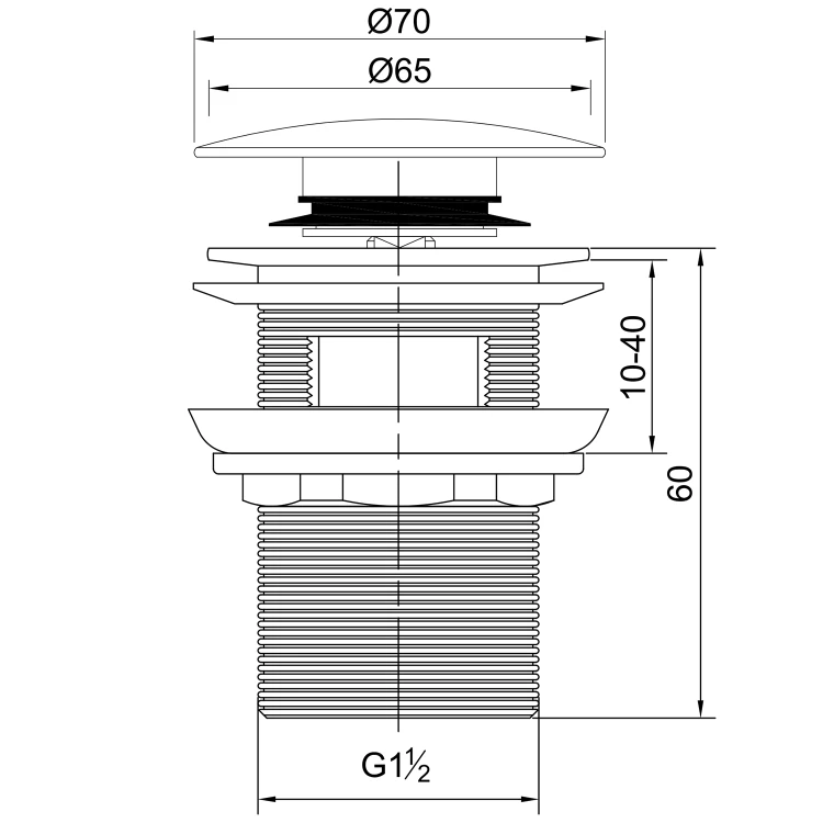 Rysunek techniczny - Odpływ wannowy 6/4", klik-klak, do wanien ze zintegrowanym przelewem, chrom