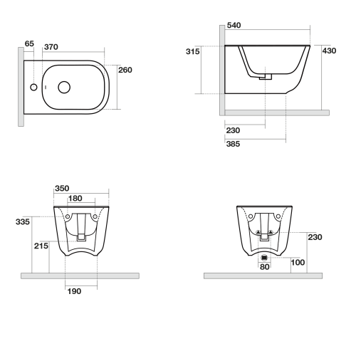 Rysunek techniczny - TRIBECA bidet wiszący 35x54cm, czarny mat