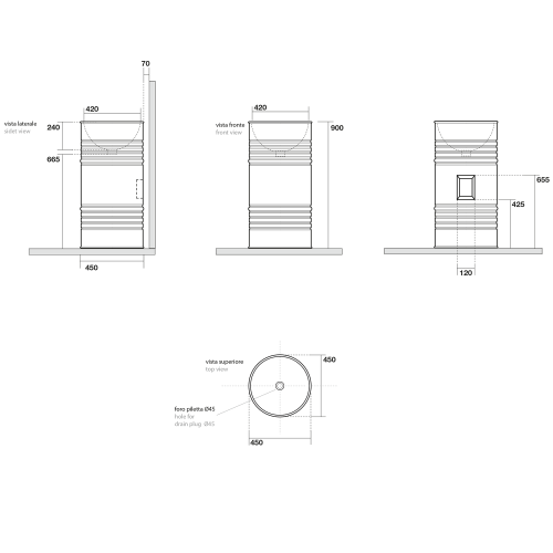 Rysunek techniczny - BARREL umywalka cer. do umieszczenia przy ścianie 42x90x42cm, czarny matowy