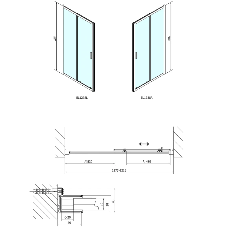 Rysunek techniczny - EASY drzwi prysznicowe 1200mm, szkło Brick