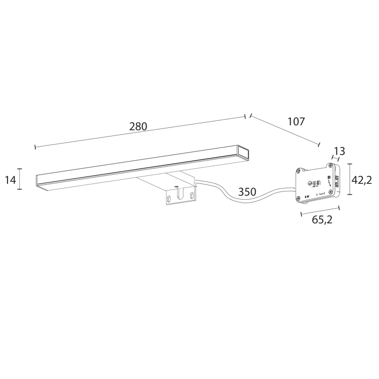 Rysunek techniczny - ESTHER 2 oświetlenie ścienne LED, 6 W, 280x14x107 mm, IP44, czarny