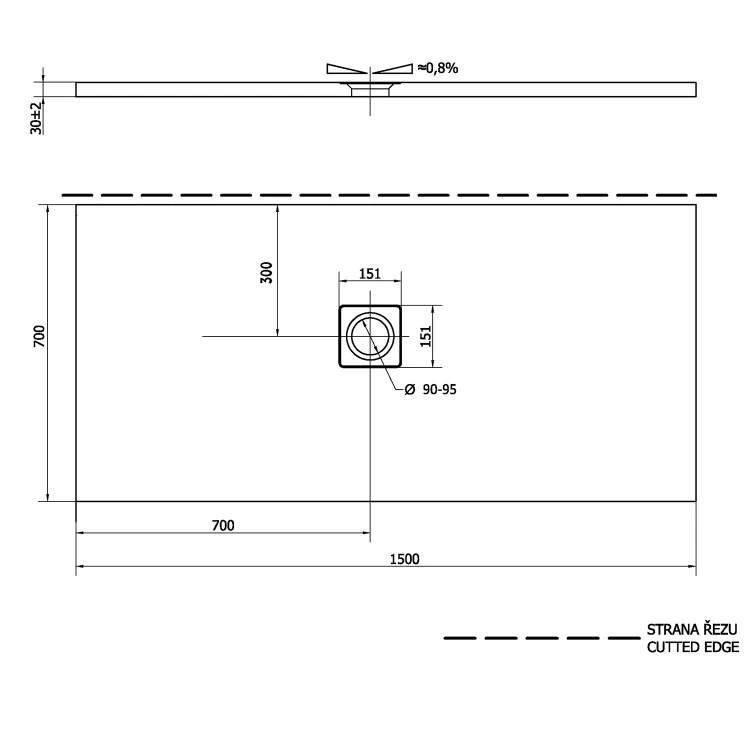Rysunek techniczny - FLEXIA brodzik kompozytowy z możliwością docinania na dowolny wymiar 150x70cm