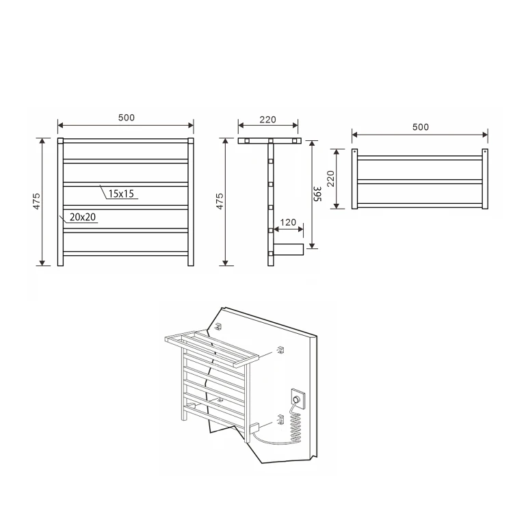 Rysunek techniczny - ELZOR elektryczna suszarka na ręczniki 500x470 mm, 60 W, czarny mat