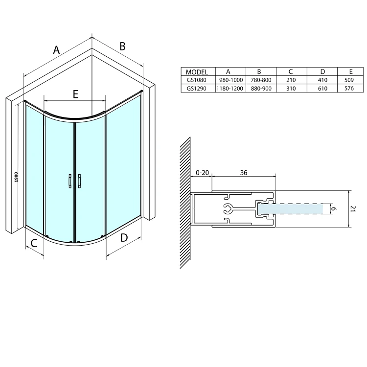Rysunek techniczny - SIGMA SIMPLY kabina prysznicowa półokrągła 1000x800mm, R550, L/R, szkło czyste