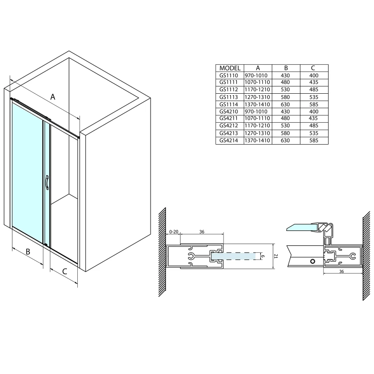 Rysunek techniczny - SIGMA SIMPLY drzwi prysznicowe przesuwne 1100mm, szkło czyste