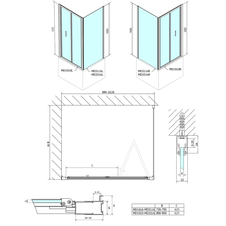 Rysunek techniczny - DEEP prostokątna kabina prysznicowa 1000x750mm wariant L/P,szkło czyste