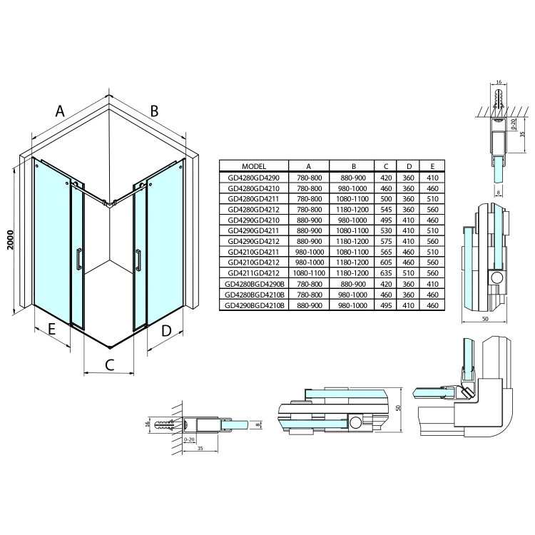 Rysunek techniczny - DRAGON kabina prysznicowa 900x1000mm wariant L/P,wejście z rogu