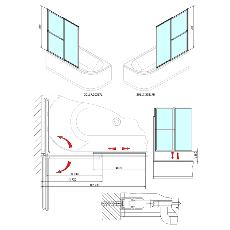 Rysunek techniczny - OLBIA parawan wannowy podnoszony pneumatycznie, szer. 1230mm, srebrny, szkło czyste