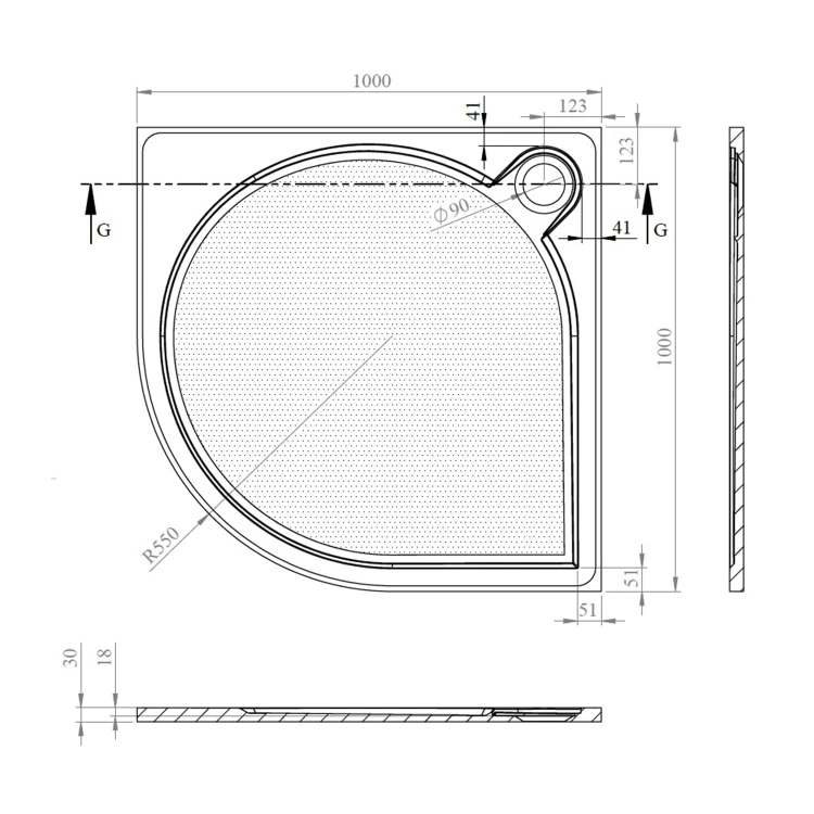 Rysunek techniczny - ARCA brodzik prysznicowy kompozytowy, półokrągły 100x100cm, R550