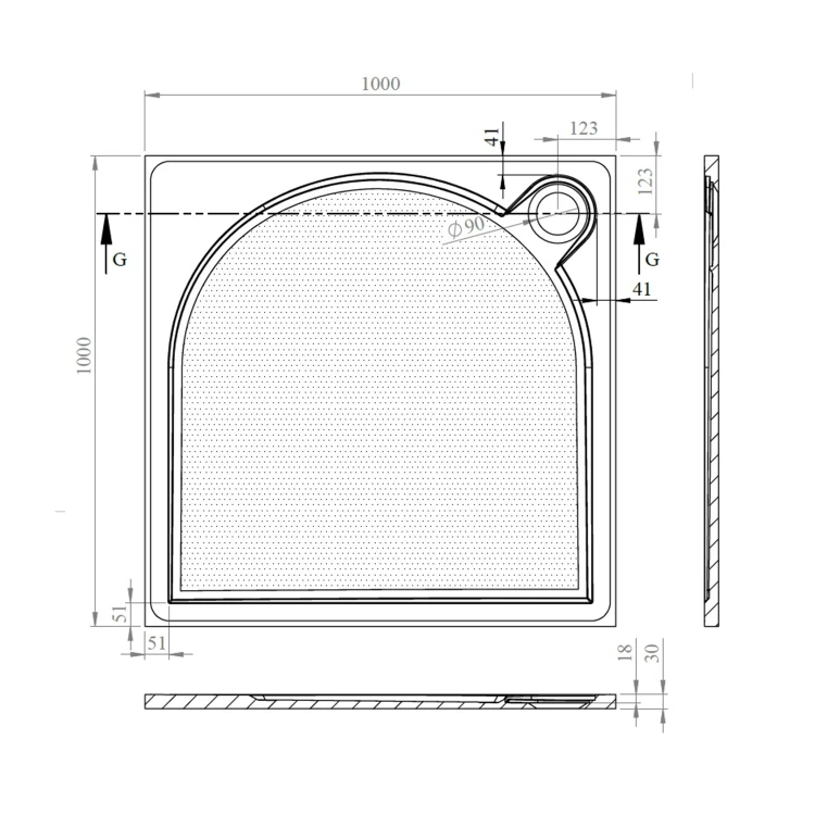 Rysunek techniczny - LARCA brodzik kompozytowy 100x100cm