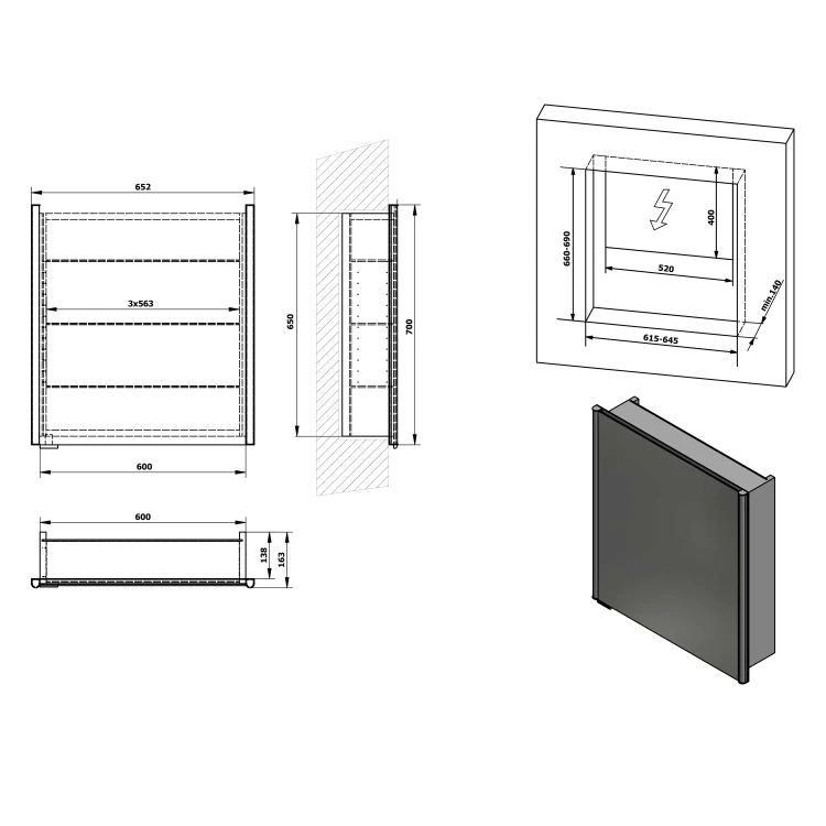 Rysunek techniczny - INTEGRA szafka z lustrem do zabudowy, oświetlenie LED, 65x70cm, lewa/prawa
