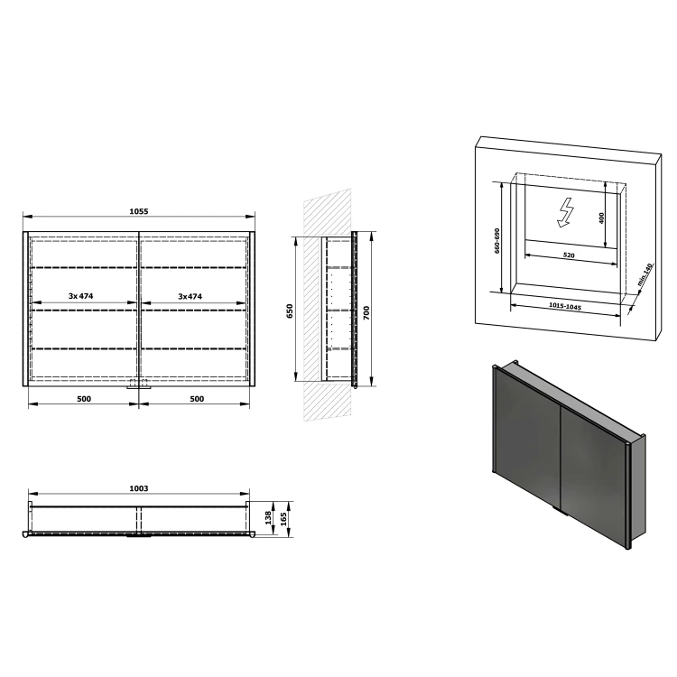 Rysunek techniczny - INTEGRA szafka z lustrem do zabudowy, oświetlenie LED, 105x70cm
