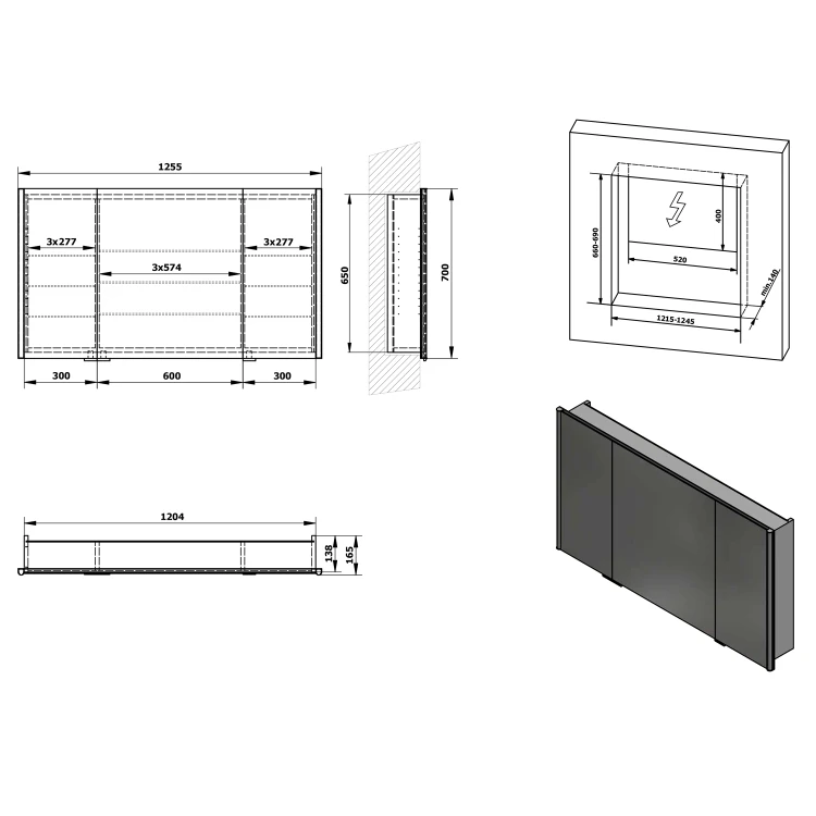 Rysunek techniczny - INTEGRA szafka z lustrem do zabudowy, oświetlenie LED, 125x70cm