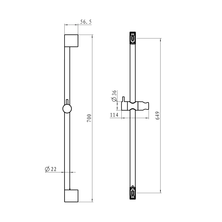 Rysunek techniczny - Zestaw prysznicowy z mydelniczką, uchwyt przesuwny 645mm, wąż 1500mm, chrom