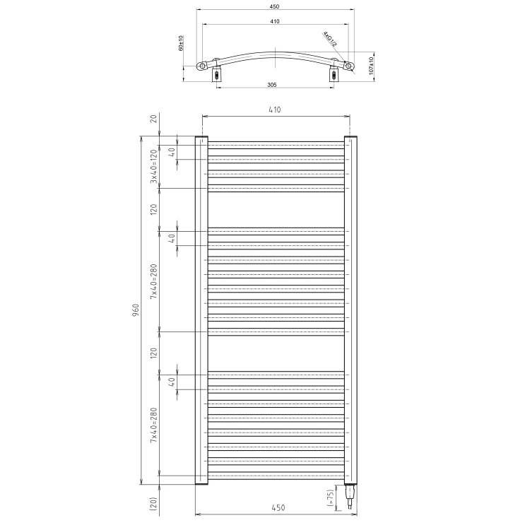 Rysunek techniczny - ORBIT-E grzejnik elektryczny, obły, 450x960 mm, 300 W, biały