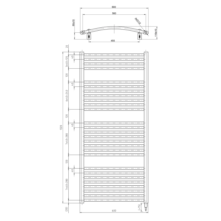 Rysunek techniczny - ORBIT-E grzejnik elektryczny, obły, 600x1320 mm, 600 W, biały