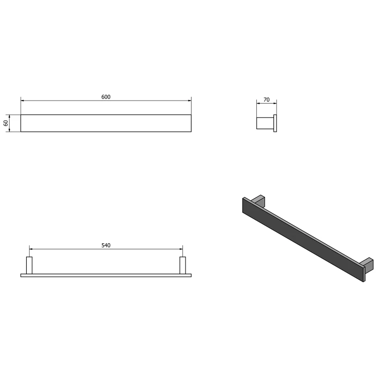 Rysunek techniczny - PATRON wieszak na ręczniki 600x60mm, biały