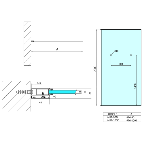 Rysunek techniczny - MODULAR SHOWER ścianka do montażu do ściany, 1000 mm z otworami na wieszak na ręczniki