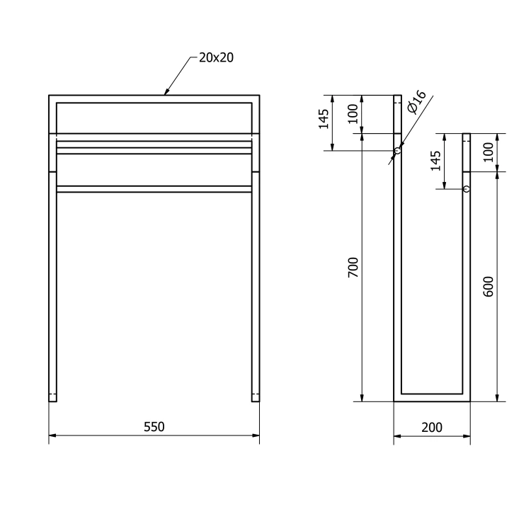 Rysunek techniczny - SKA Wieszak na ręcznik, 550x800x200mm, czarny mat/dąb