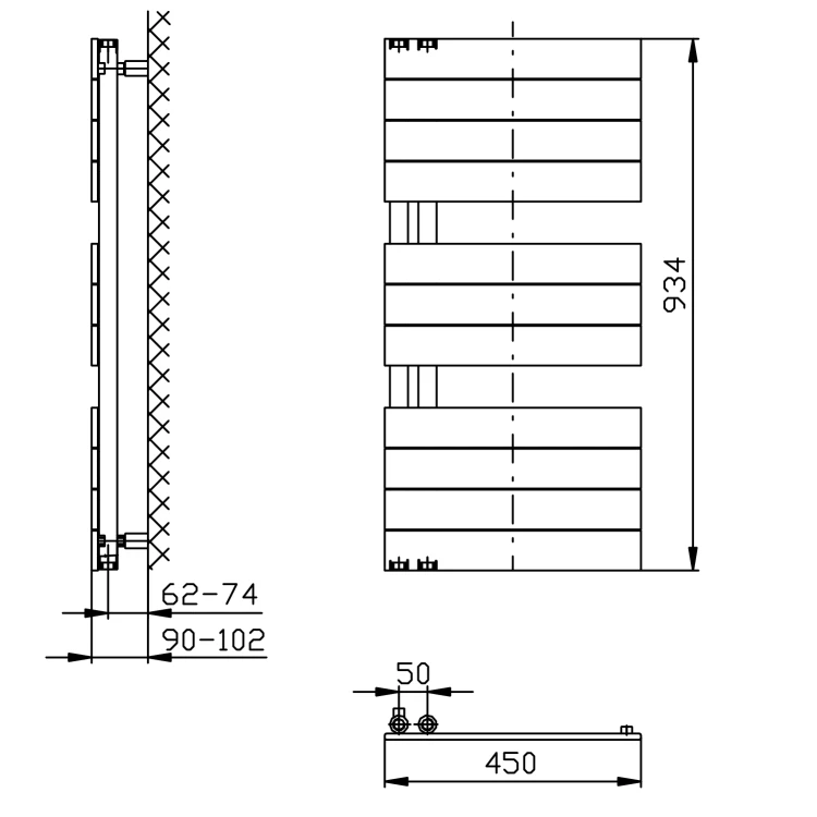 Rysunek techniczny - MILI grzejnik łazienkowy 450x934 mm, biały