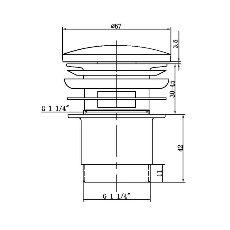 Rysunek techniczny - Odpływ umywalkowy 5/4“, klik-klak, duży korek, 30-45mm, czarny mat
